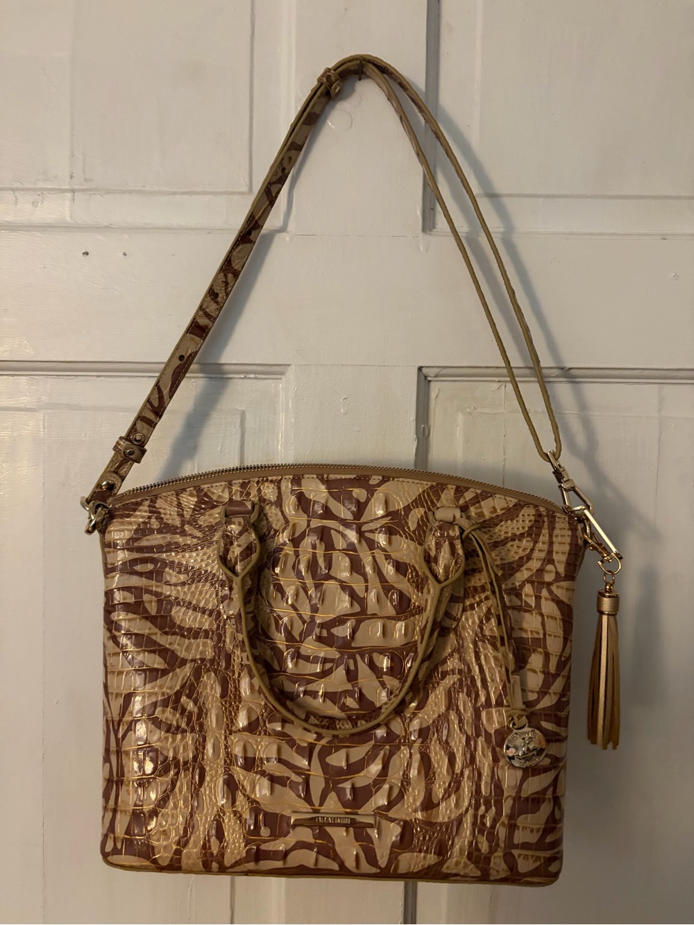 Brahmin Beige and Brown Patterned Shoulder Bag with Tassel
